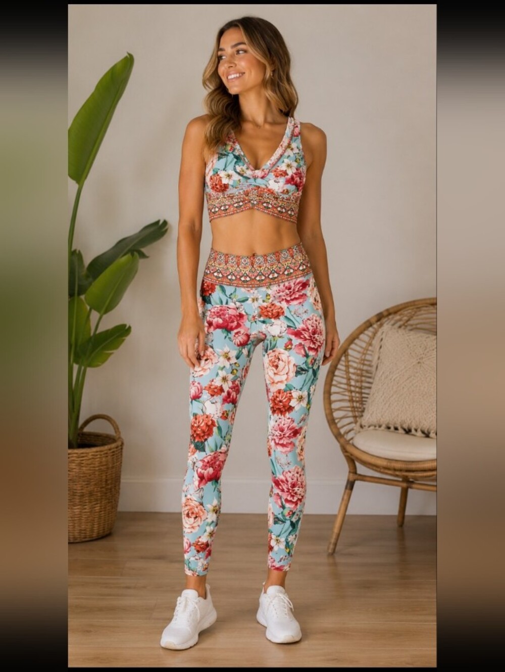 RARE Johnny Was Pink Rose Matching Workout Set Top Med & Leggings Small